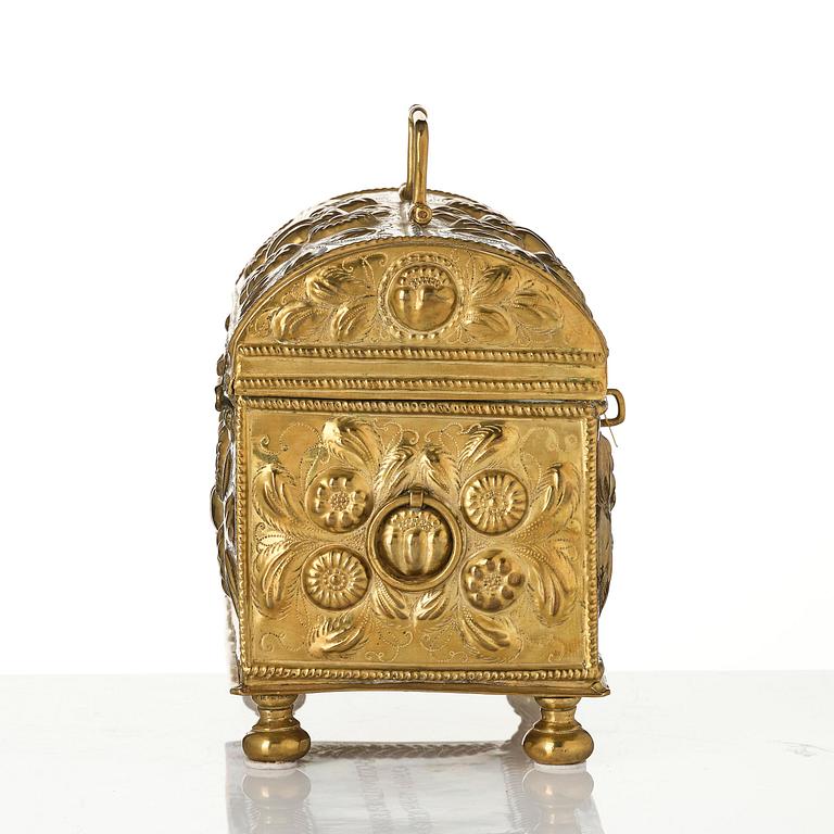 A Swedish baroque repousse brass box, dated 1707.