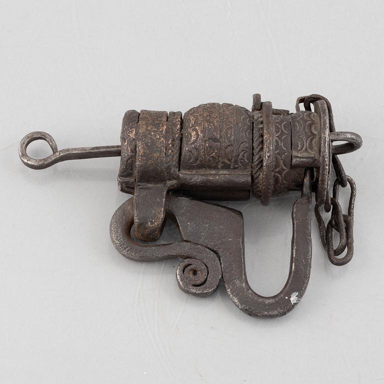 A Swedish wrought iron lock, 17th century.