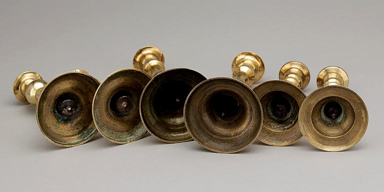 LJUSSTAKAR, 6 st, mässing, 1800/1900-tal.