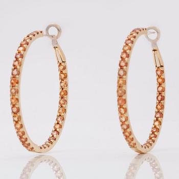 A pair of orange-yellow sapphire hoop earrings.