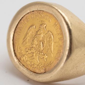 Ring, 14 k guld, monterat mynt, 21,6 k guld, dos y medios pesos, Estados Unidos Mexicanos.
