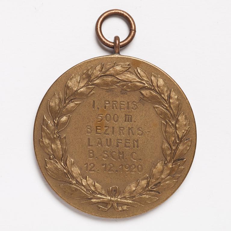 Medals, 2 pcs, 1st prize in 500 and 1500 meters speed skating, 1920, bronze.
