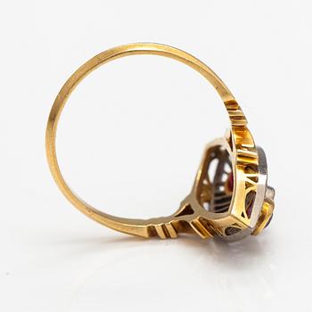 Sormus, 18K kultaa, spinellejä ja vanhahiottu timantti n. 0.25 ct.