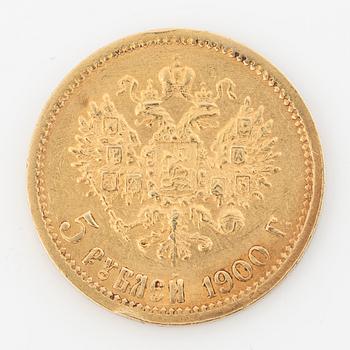 Pendant in gilded silver with two gold coins, 20 kr Oscar II 1875 and 5 rubles Nicholas II 1900.