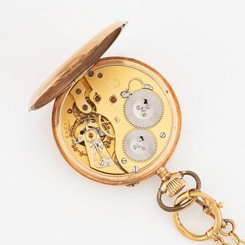 IWC, pocket watch 14K gold, chain in 18k gold, 49 mm.