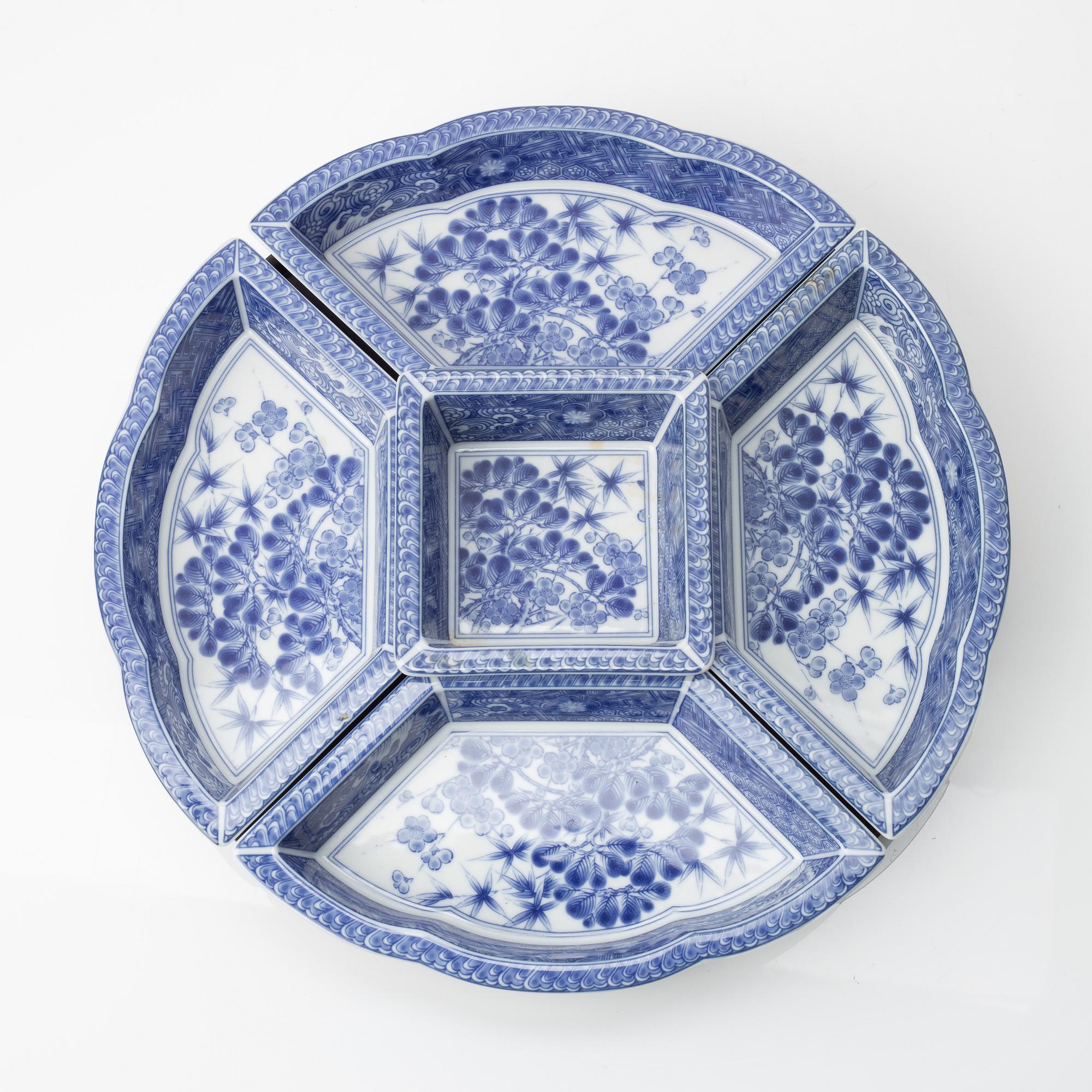 A Japanese blue and white six piece cabaret on a 'lazy Susy', secon half of the 20th century.