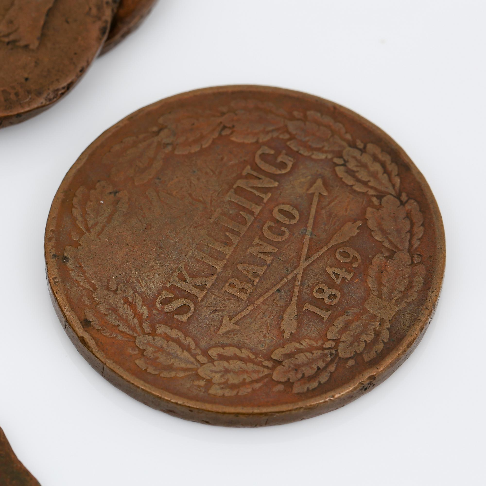 PARTI KOPPARMYNT, 46 st, Sverige, 1800-tal. Total vikt ca 437 g.