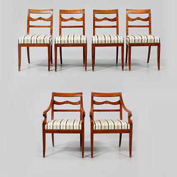 KARMSTOLAR, ett par samt STOLAR, 4 st, Karl Johan-stil, 1920/1930-tal.