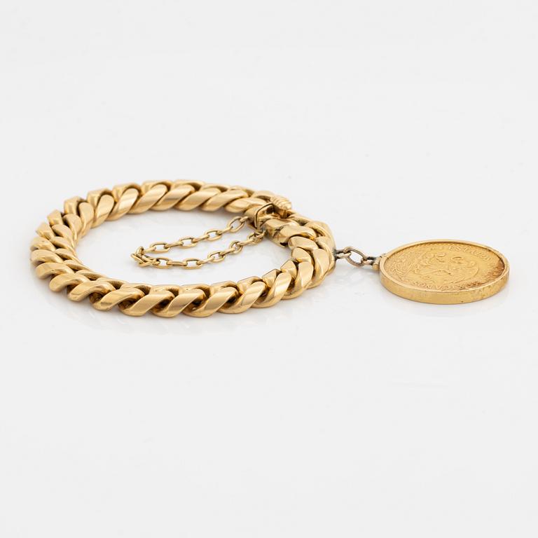 Armband, 18K guld, pansarlänk med mexikanskt guldmynt 20 pesos 1917.