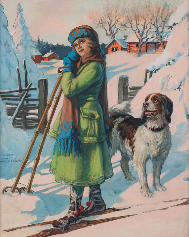 Jenny Nyström, Girl on skis with a dog.