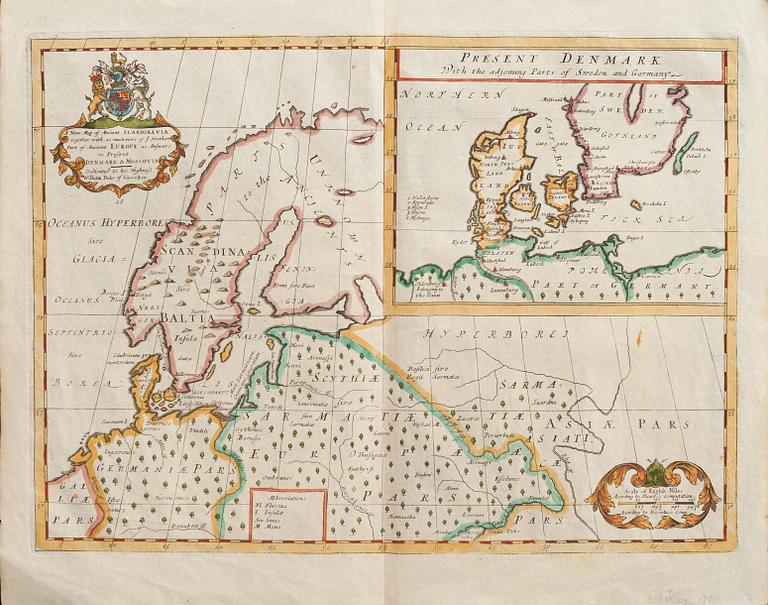 KARTA, handkolorerad, "A new map of  Ancinet Scandinavia"Dedicated to his Highnefs William Duke of  Clocester", 1700-tal.