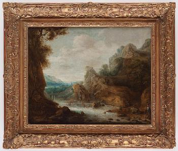 Frans de Momper, circle of, Mountainous river landscape with hunters.