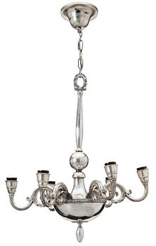 534. A C.G. Hallberg six light silver plated chandelier, Stockholm 1920's.