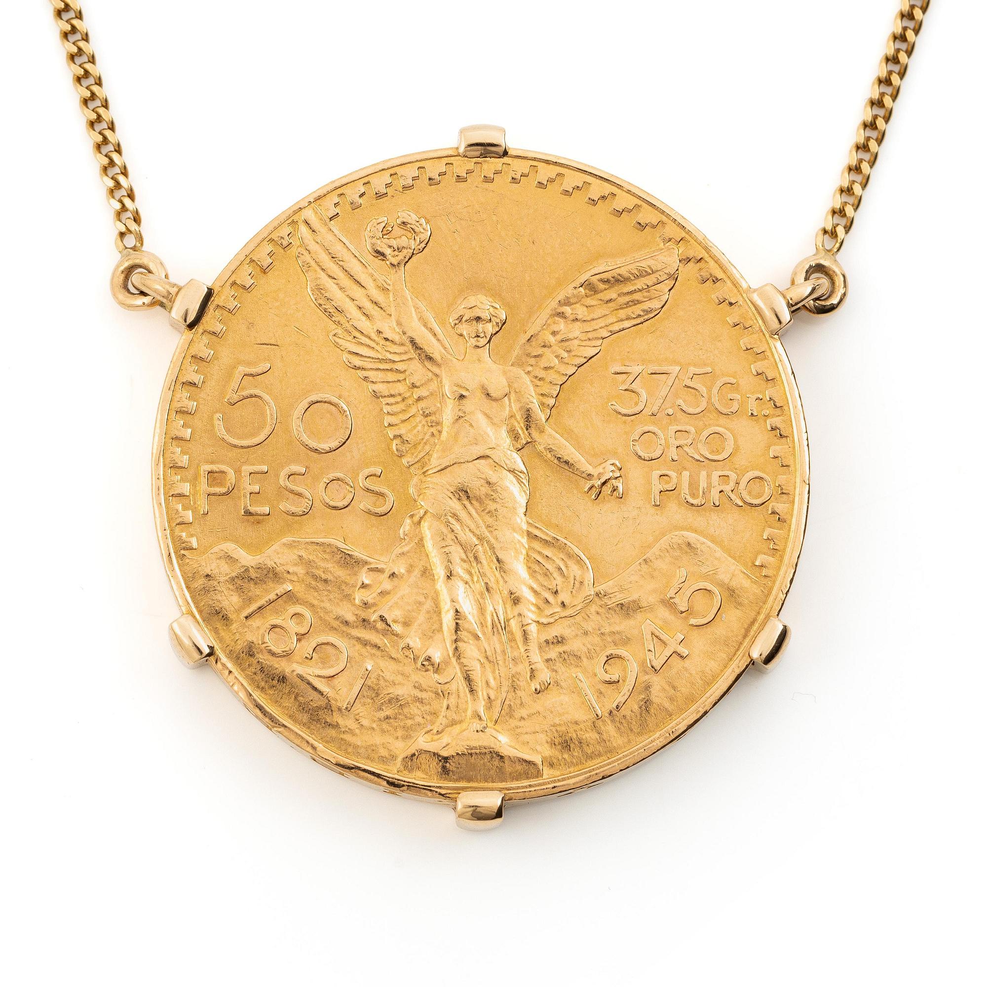 Collier guld med infattat mexikanskt guldmynt.