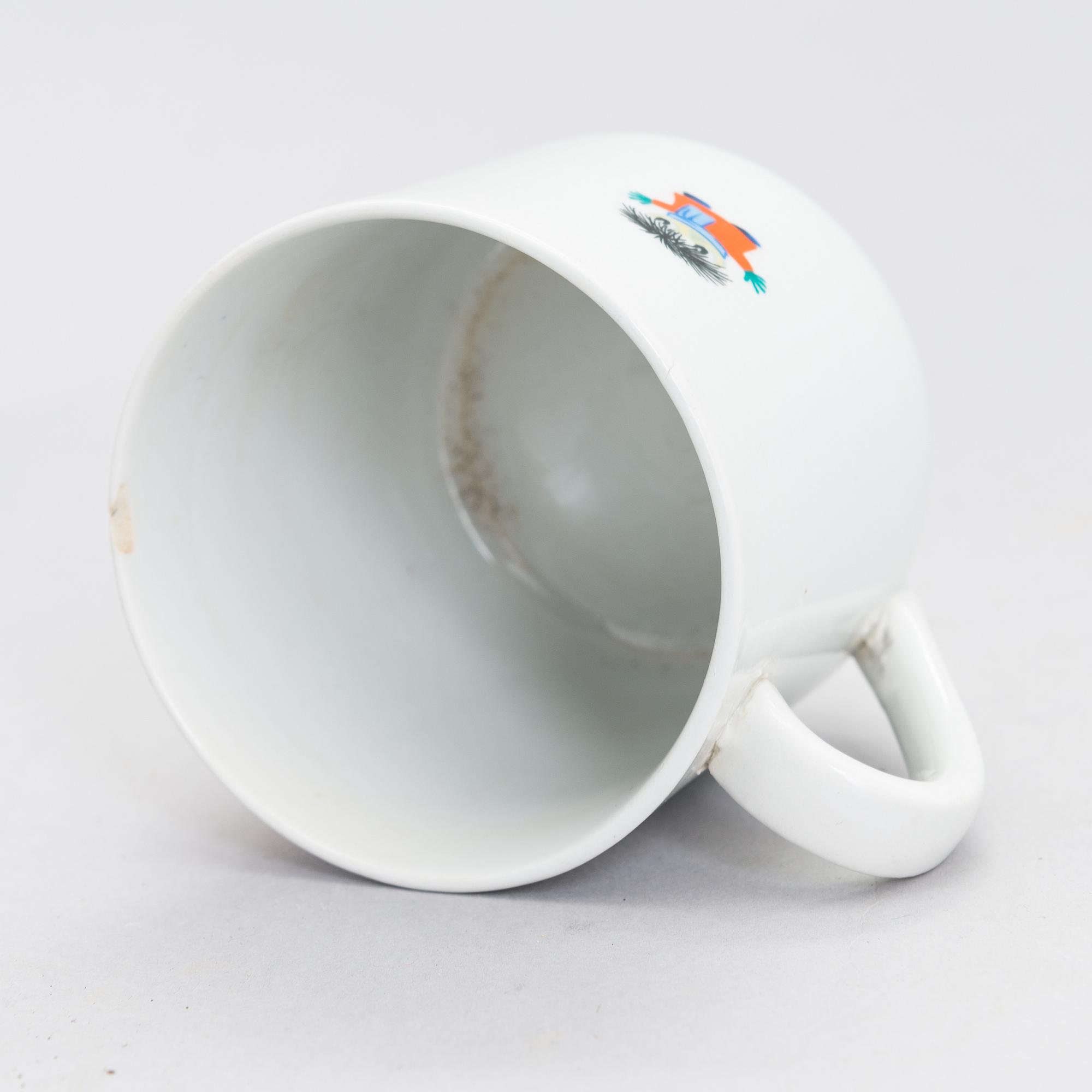 A porcelain cup, plate and soup bowl. Arabia, Finland, mid 20th century.