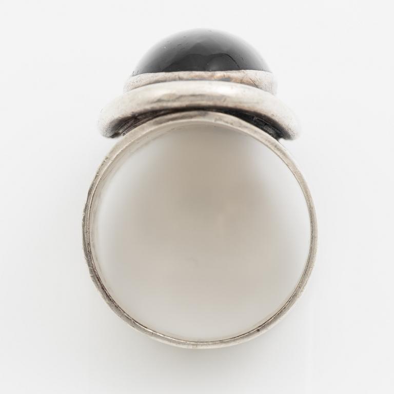 Ring, Carl Ove Frydensberg, silver with cabochon-cut black stone, Denmark.