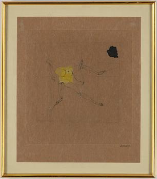 HANS BELLMER, torrnål och akvarell på brunt papper, 1969, signerad med blyerts.