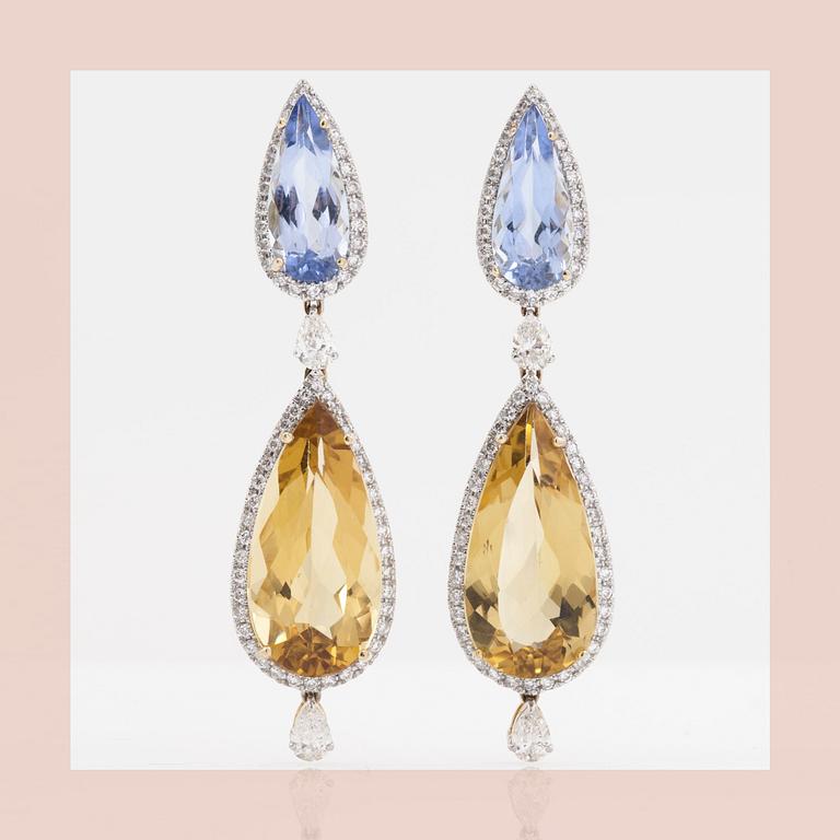 EARRINGS, set with blue and yellow beryls, circa 18.48 cts and diamonds circa 1.46 cts.