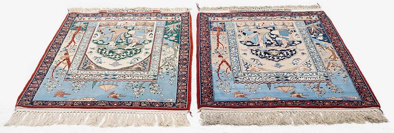 Mattor, ett par, figurala, Isfahan, centrala Persien, signerade (Mohammad) Seirafian, ca 120 x 77 resp 114 x 74 cm.