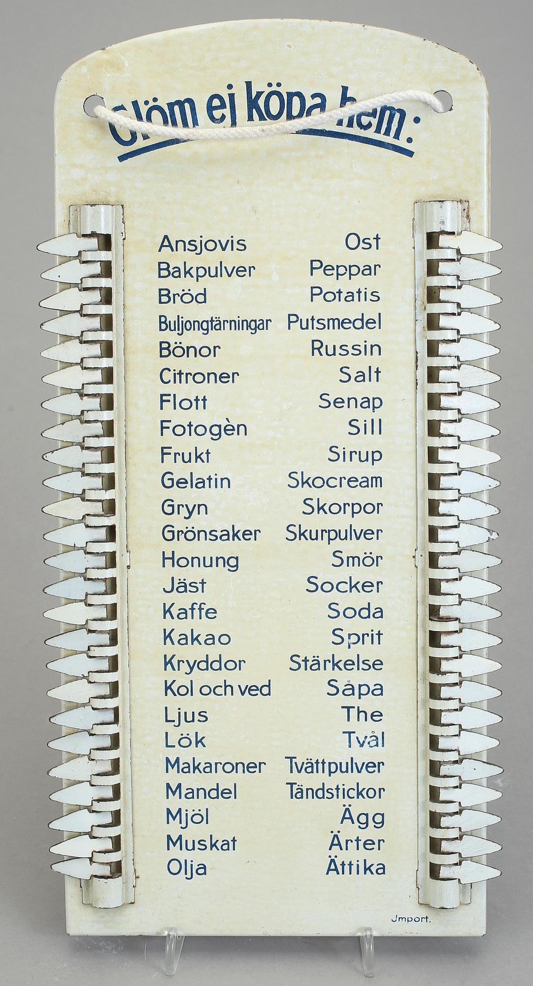 INKÖPSTAVLA TILL HUSHÅLLET, plåt, 1930/40-tal.