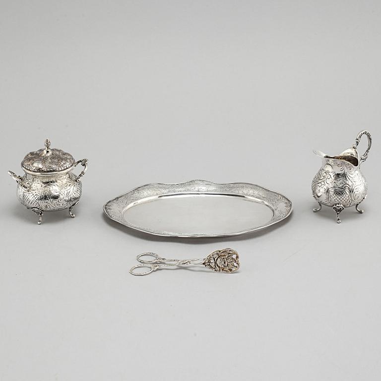 A silver sugarbowl, a cream jug and a tray by J L Hultman, Stockholm, mid 20th century.
