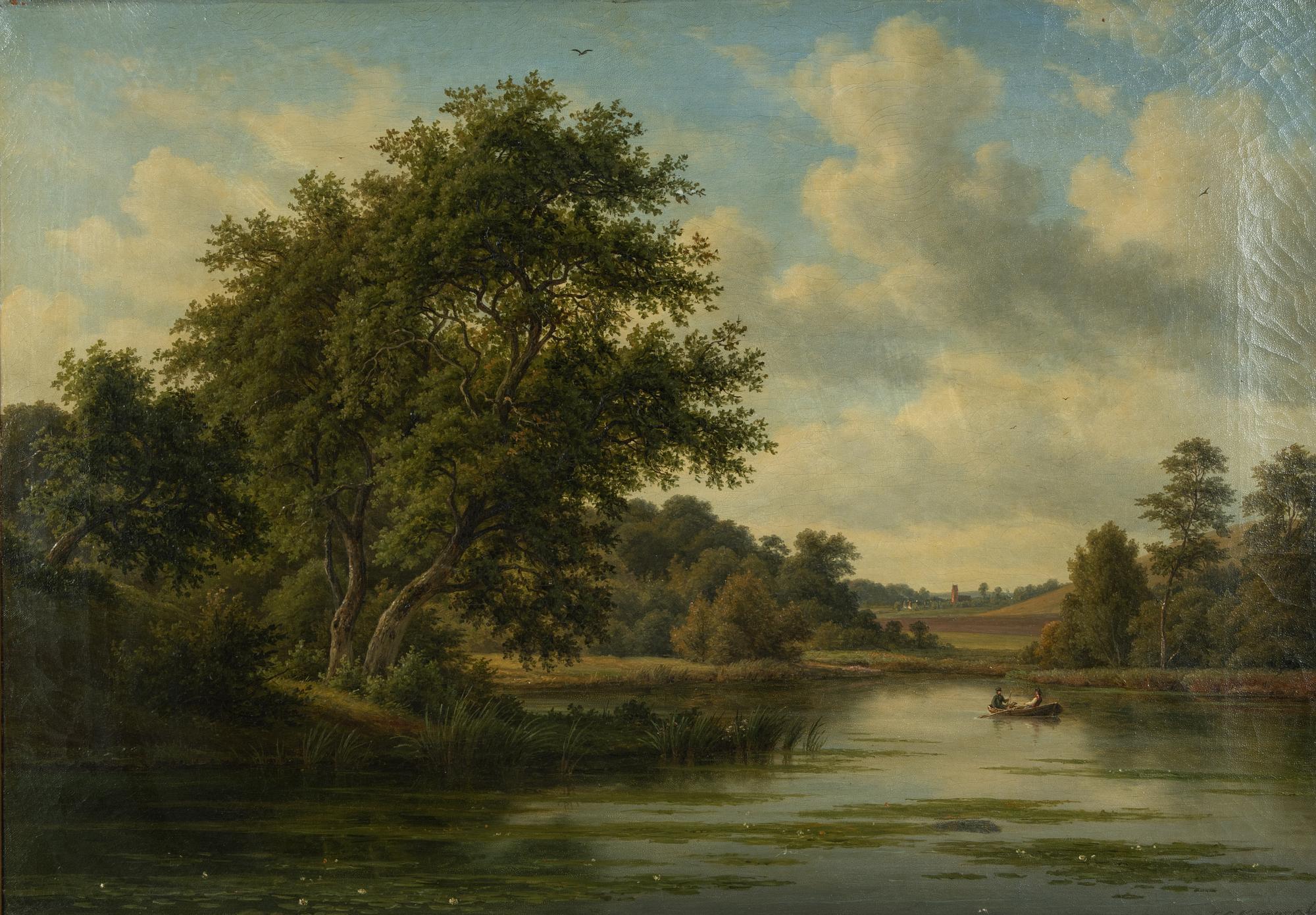 Fredrik Christian Kiaerskou, Landscape with rowing boat on the water.
