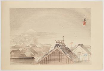 Four coloured woodblock prints. Japan, 20th century.