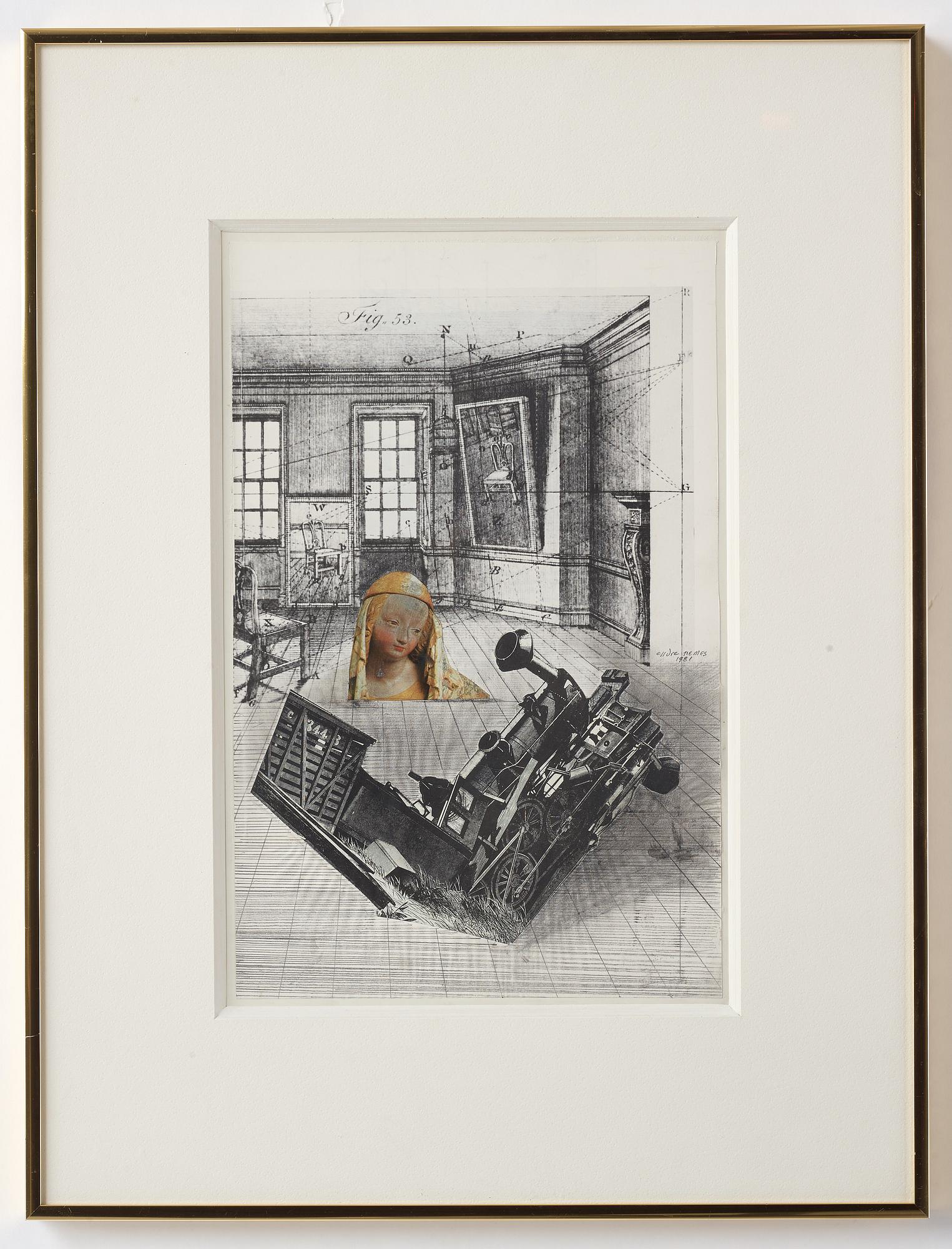 Endre Nemes, blandteknik med collage, signerad och daterad 1981.