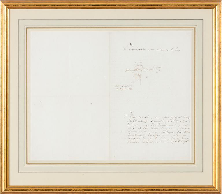 Autograf, Kung Gustav III, Drottningholms slott, 31 oct, 1791. Proveniens: Prof. Torsten Eklund.