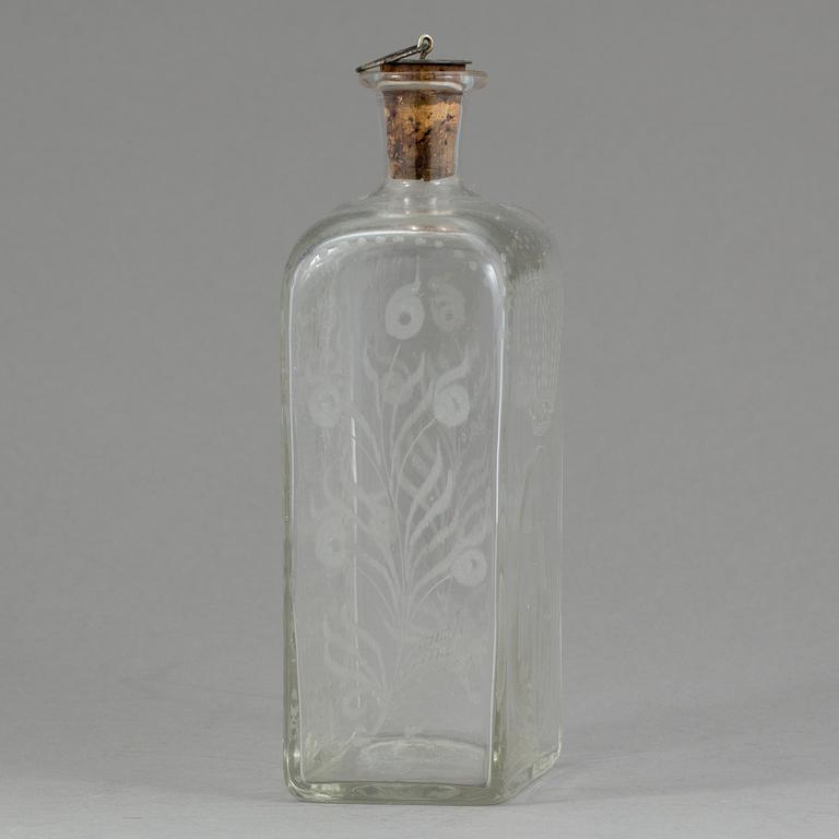 BRÄNNVINSFLASKA, glas, Bjursås. Daterad 1862.