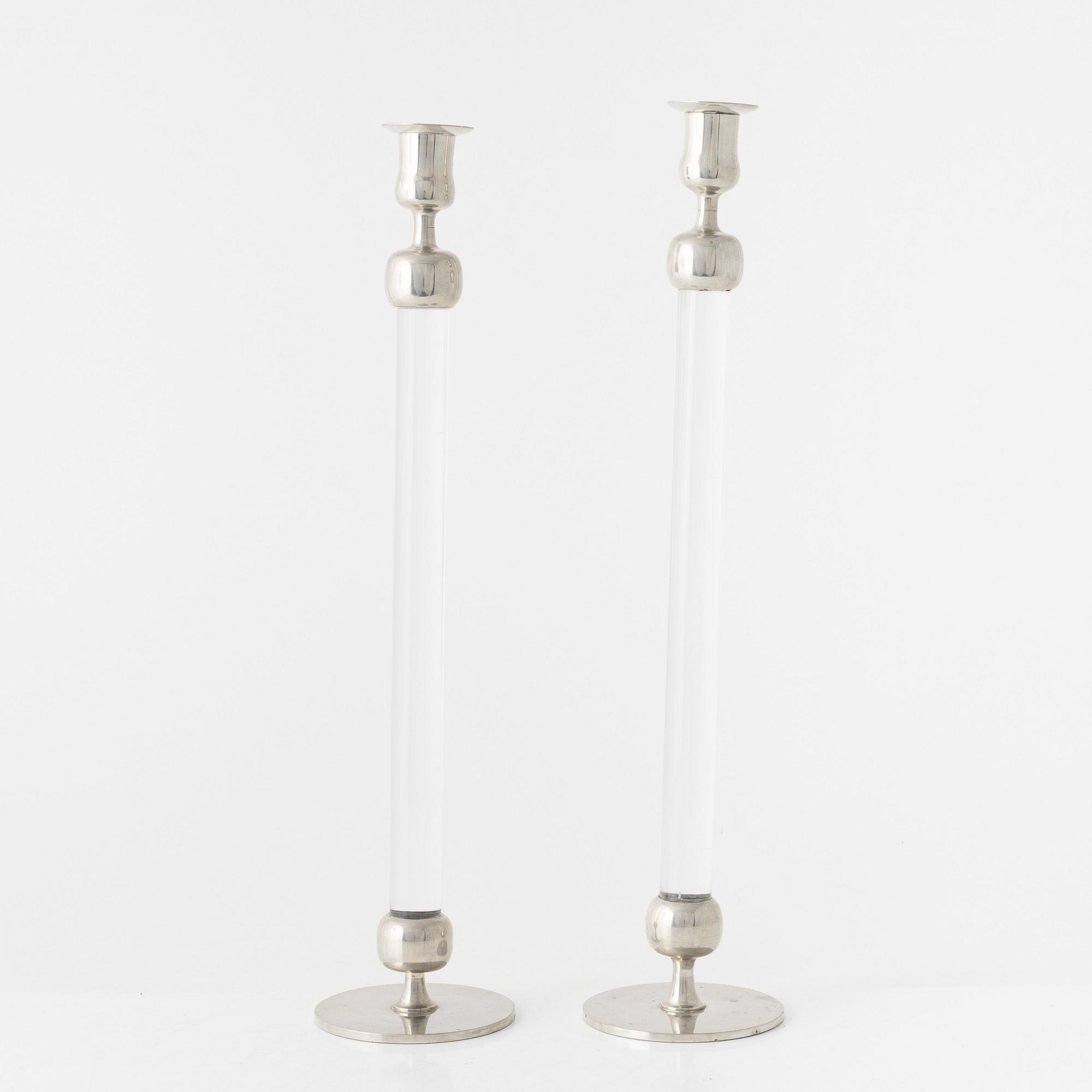 Josef Frank, a pair of pewter and plexi glass candlesticks, Firma Svenskt Tenn, Sweden 1960.