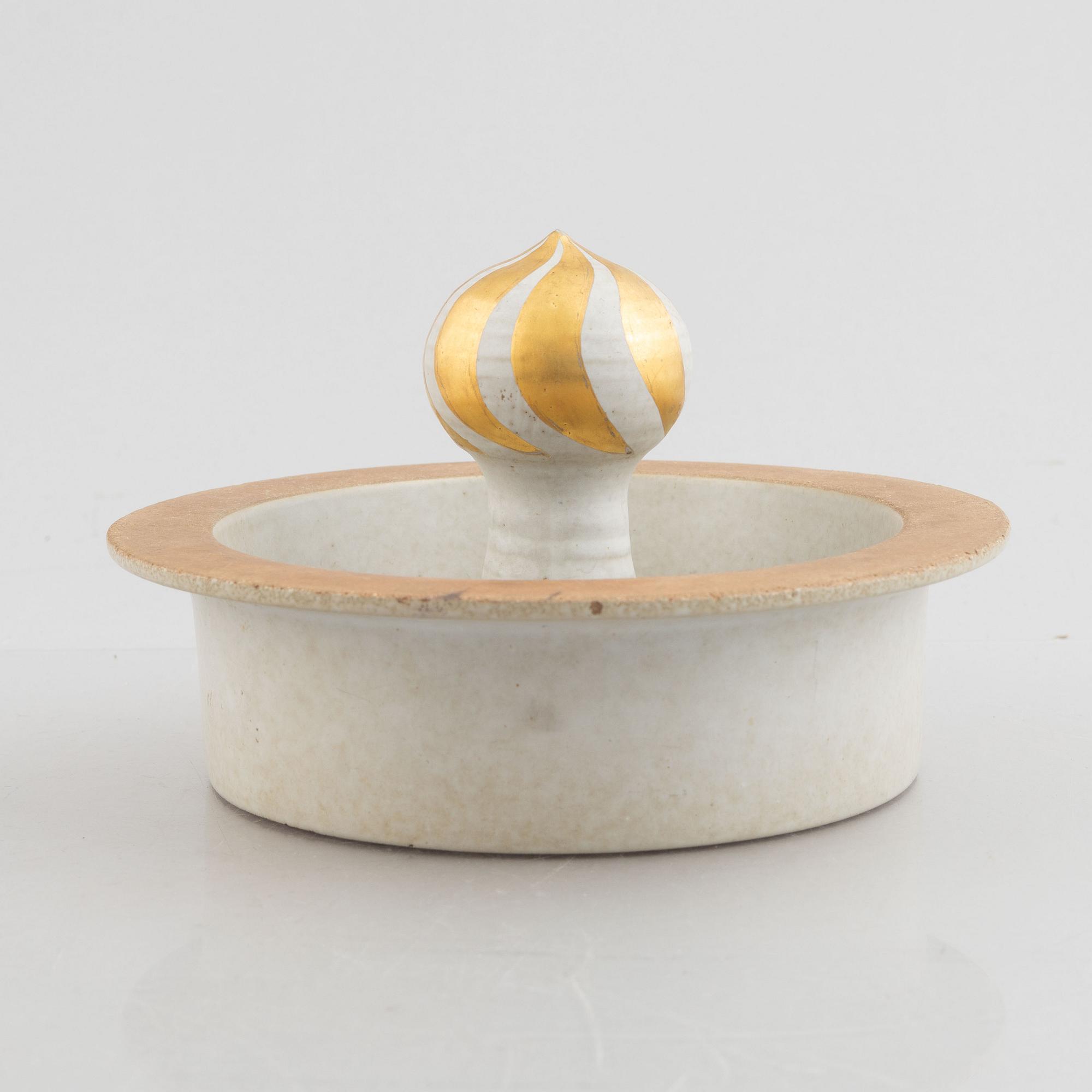 Lisa Larson, three stoneware candlesticks "Julius", "Juliana", "Angel" aswell as a bowl "Guldknopp",  Gustavsberg.