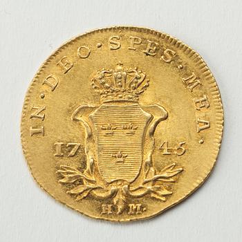 GULDMYNT, dukat, Fredrik I av Sverige, 1745, vikt ca 3,5 gram.