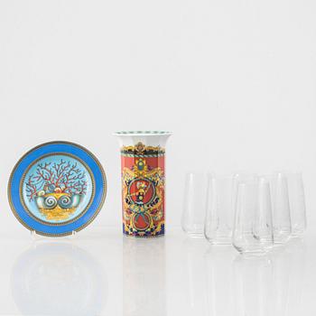 Versace, vase, plate and six drinking glasses, Rosenthal.