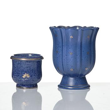 Wilhelm Kåge, a set of two Argenta stoneware vases, two dishes and a bowl with lid, Gustavsberg 1930s-50s.