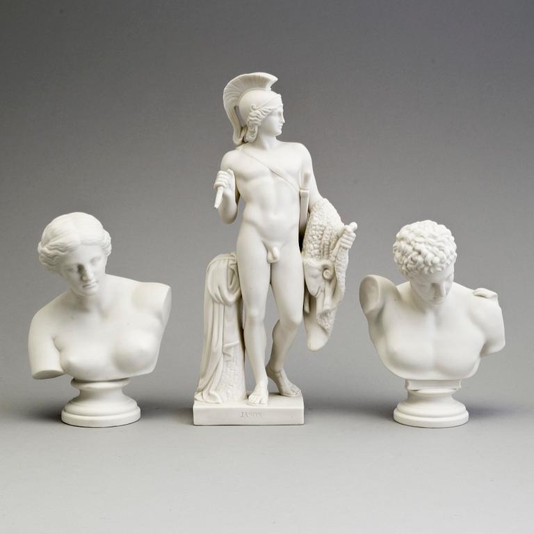 A PARIAN FIGURE AND A PAIR OF BUSTS, Gustafsberg ca 1900.