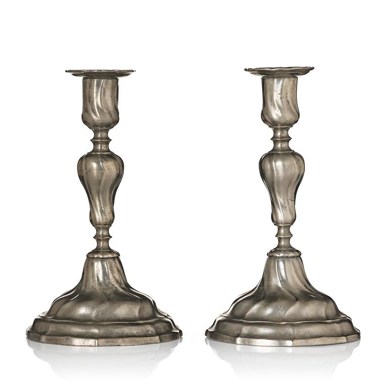 A pair of rococo pewter candlesticks, mark of Johan Bruhn, Västervik 1782.