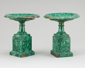 A pair of Russian Empire 19th Century malachite veneered tazza.