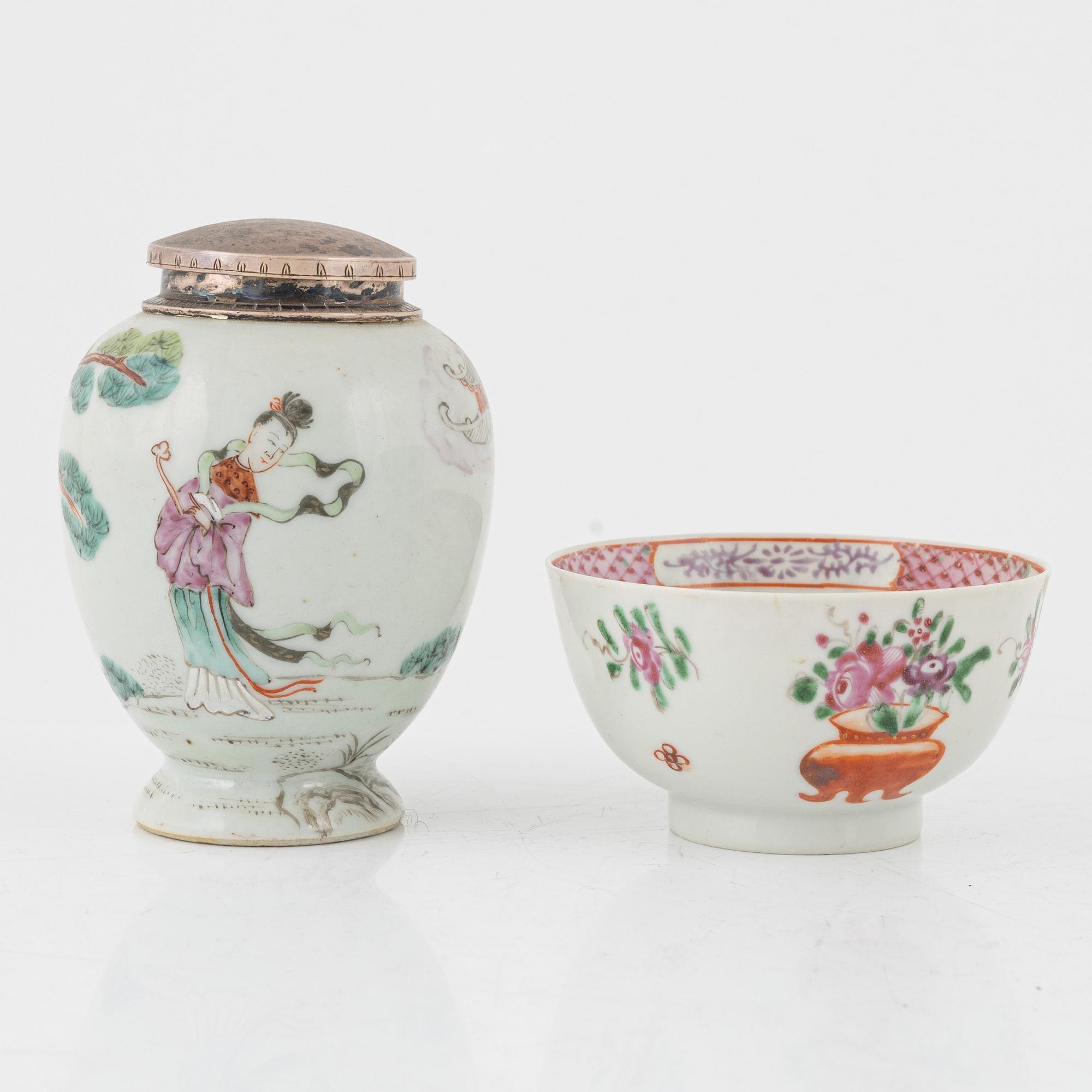 Skål, kopp samt tedosa, porslin, Kina, Qianlong (1736-95).