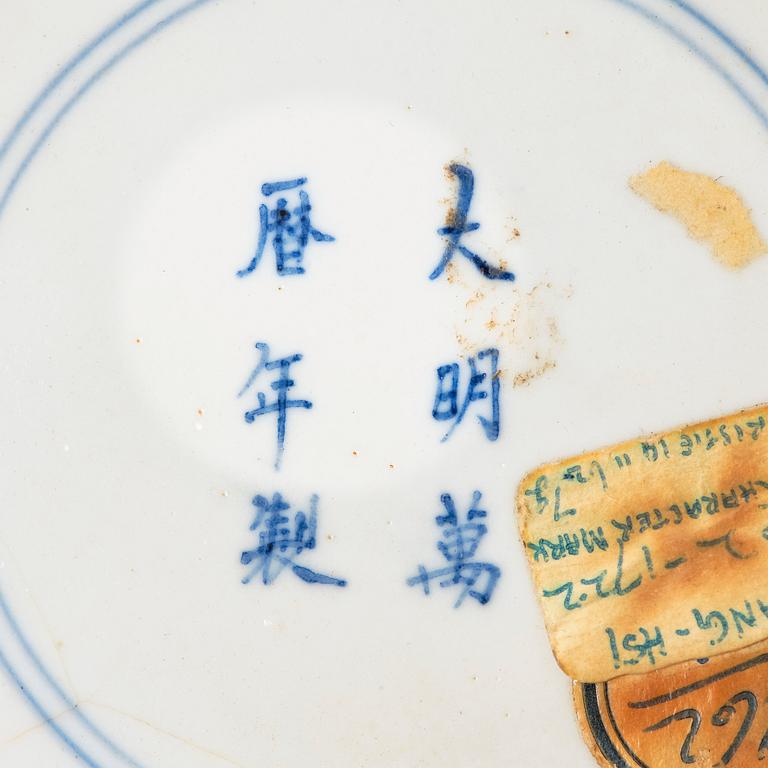 A doucai '100 antiques' dish, Qing dynasty, 18th Century with a Ming mark.