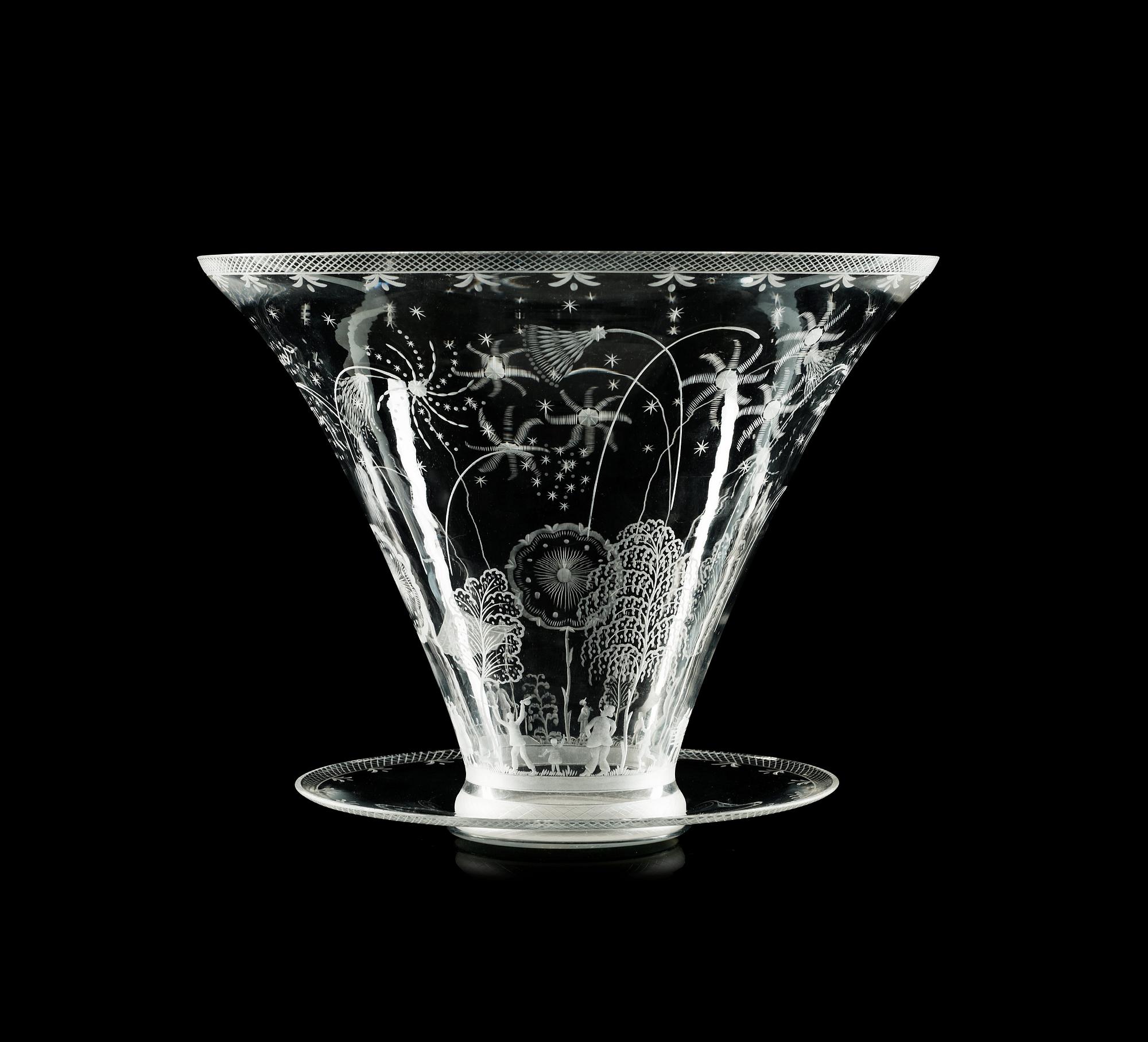 An Edward Hald 'Swedish Grace' engraved bowl and stand, Orrefors, model 248.
