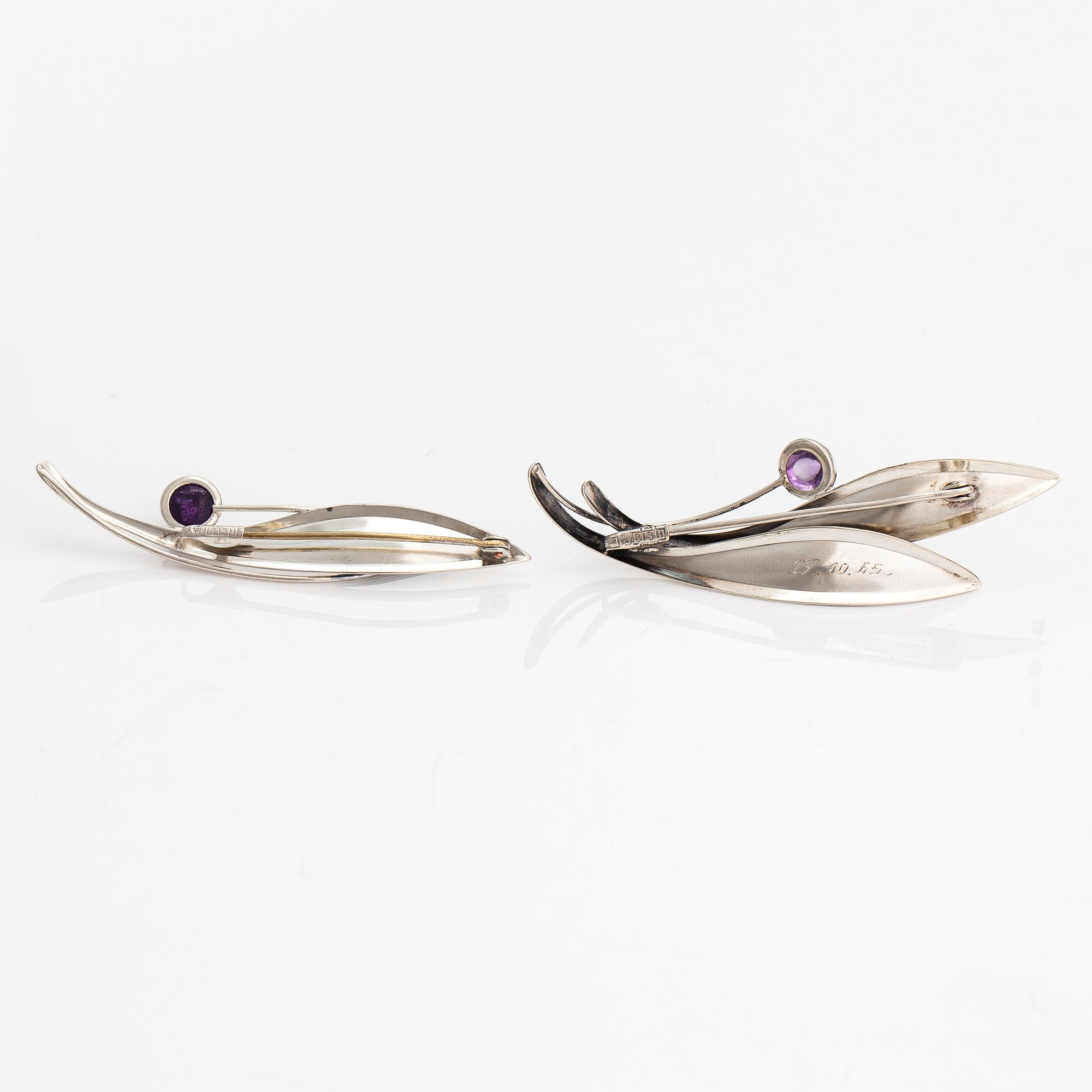 Elis Kauppi, Two silver brooches with amethyst. Kupittaan kulta, Turku 1959 and 1965.