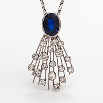 A platinum and 14K white gold necklace with a synthetic sapphire and diamonds ca. 1.10 ct in total.