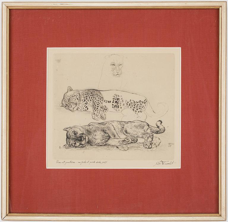 EDUARD WIIRALT, "Puma et panthère - eau forte et pointe sèche" etsning, signerad och daterad 1937.