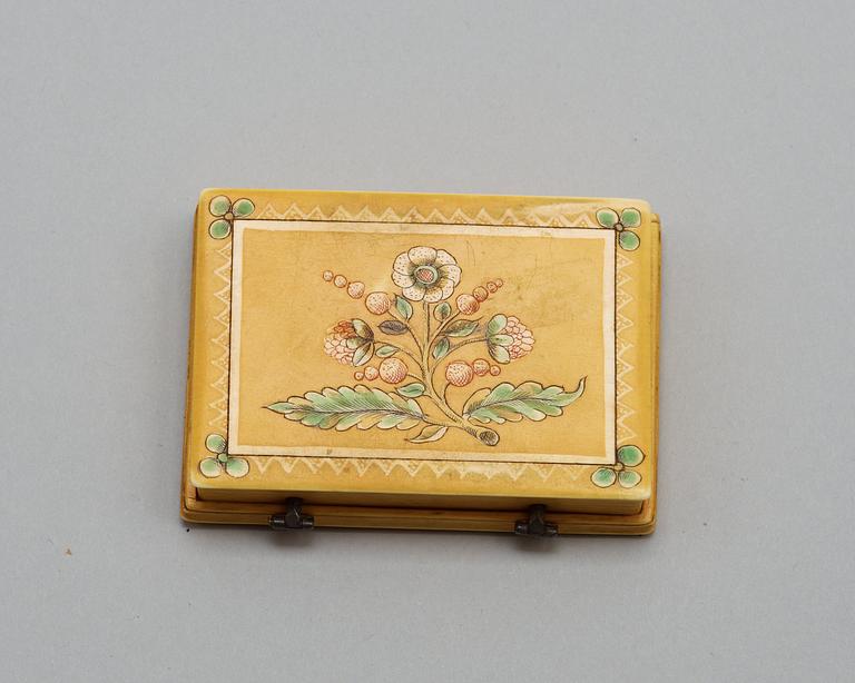 A French 18th century ivory counter box painted in colours signed "Mariaval le Juene a Rouen fecit".