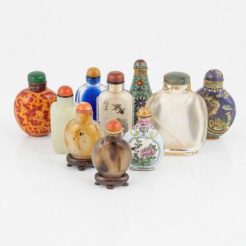 Ten snuff bottles, stone, glass and cloisonné, China, 20th century.