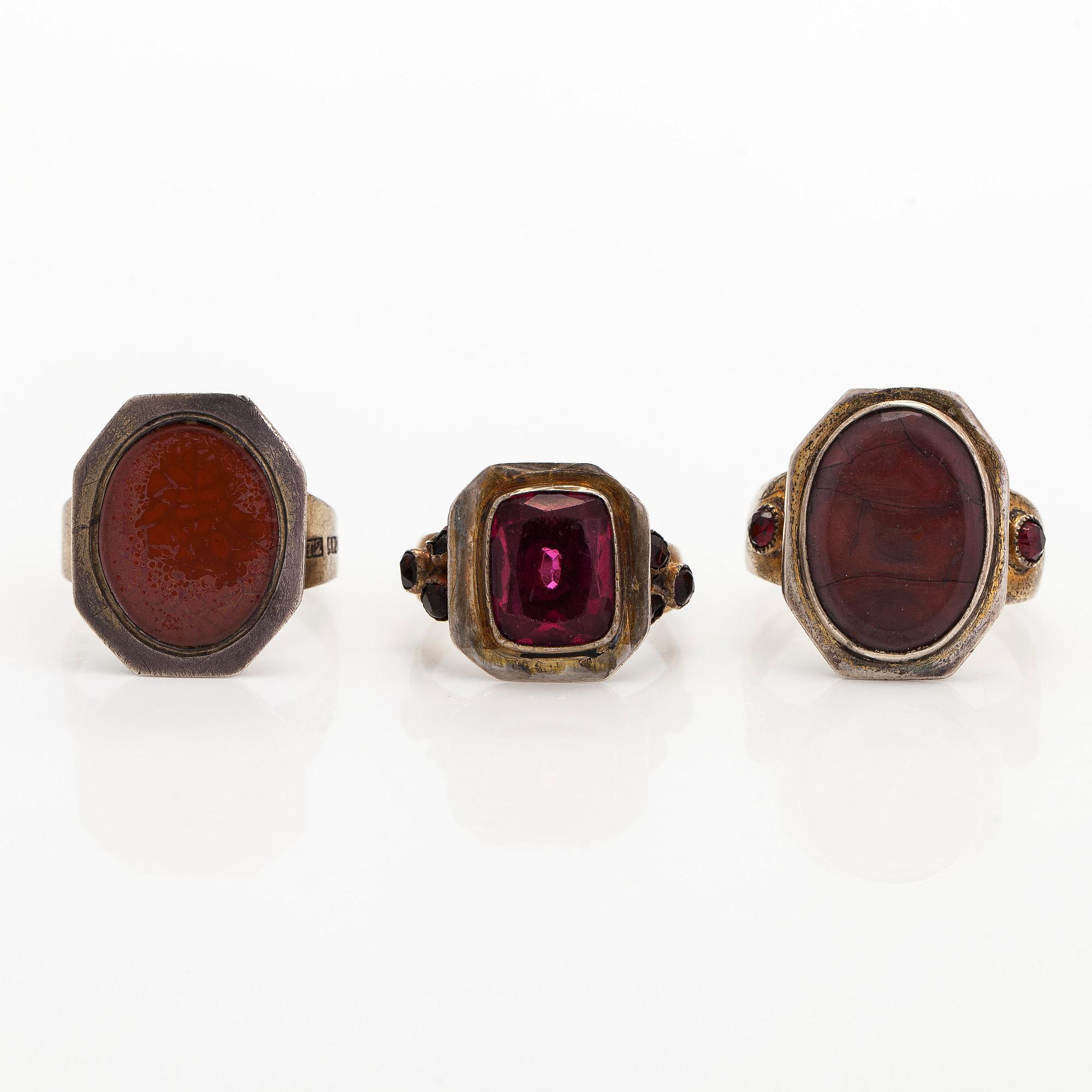 Rings, 3 pcs, silver, glass, Finland 19th century.