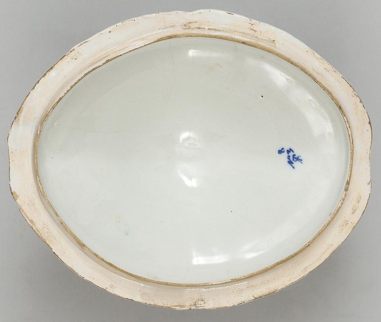 A Swedish faience tureen and cover, Marieberg, period of Ehrenreich, dated 5/6 1766 and 7/7.