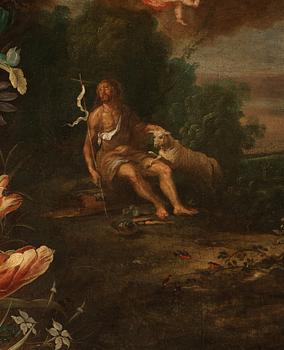 Daniel Seghers & Hendrick van Balen dä Attributed to., Landscape with garland of flowers and St John The Baptist.