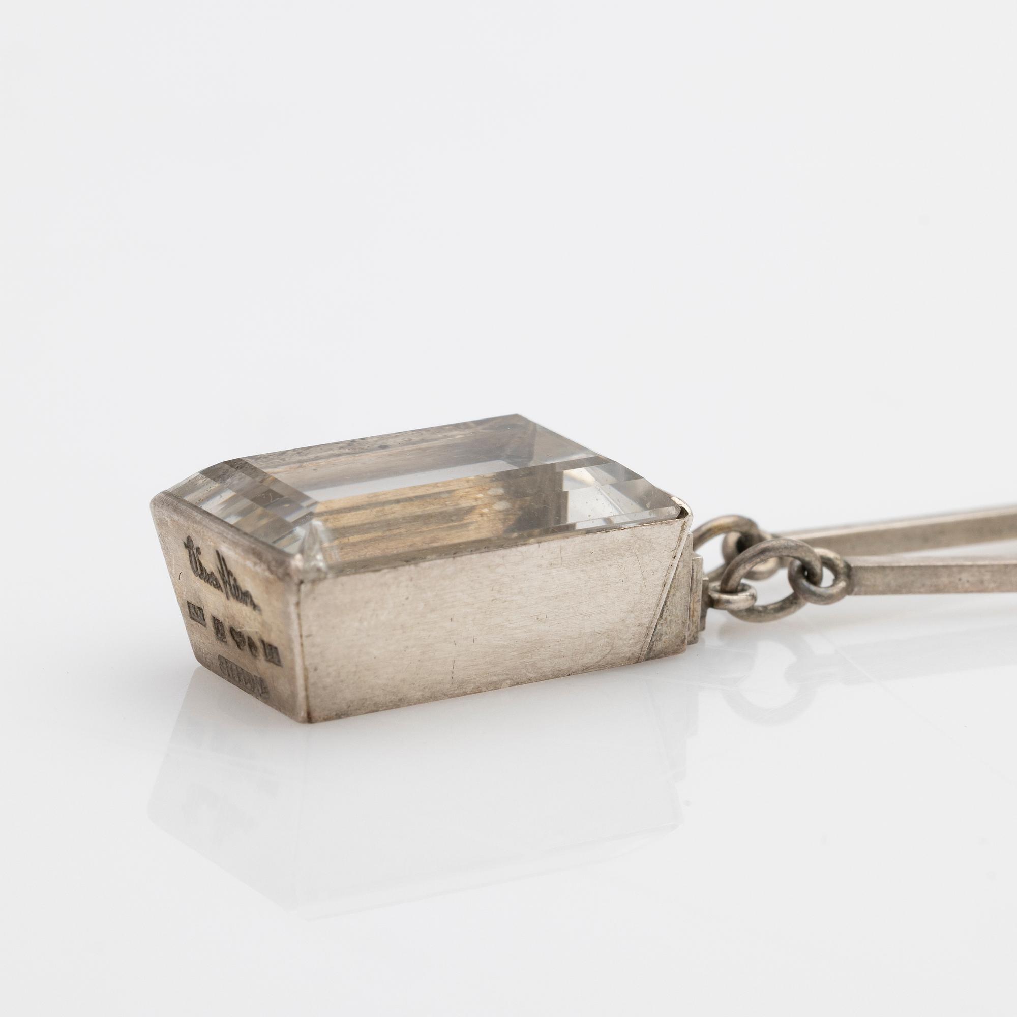 Wiwen Nilsson, Pendant, sterling silver with faceted rock crystal, Lund 1944.